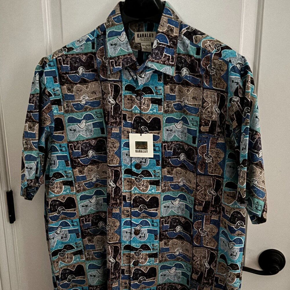 Kahala Avi Kiriaty L Ukelele Music Aqua & Brown Aloha Shirt NWT